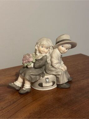 Enesco Porcelain Boy and Girl Figurine in Cream, Gray and Pink
